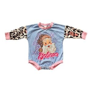 #181, Santa Believe Kids One Piece - Blue and Pink